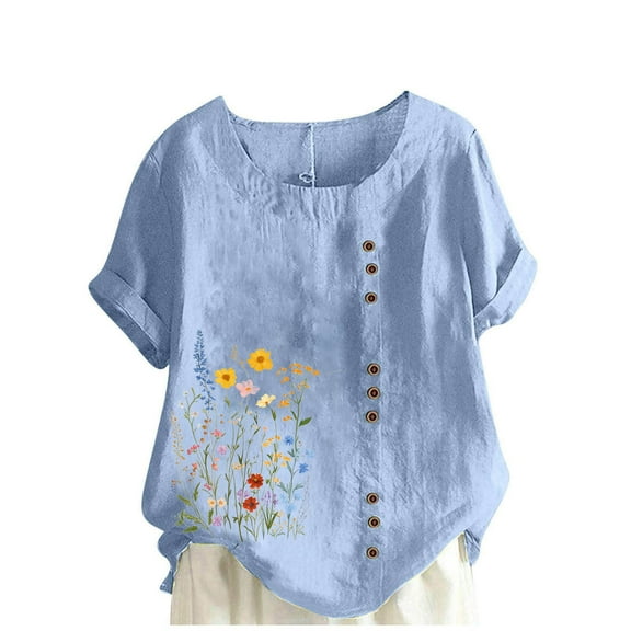 Women's Floral Tunic Tops Cotton Linen Blouses Rolled Sleeve Tee Button Down T-Shirts Plus Size Blouses Causal Classic Blouse Holiday Going Out Clothes