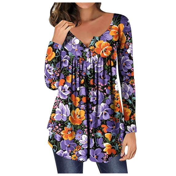 Women's Floral Tunic Tops, Women Casual Blouse Sexy V Neck Long Sleeve Buttons Up T-Shirts to Hide Belly Flowy Shirt