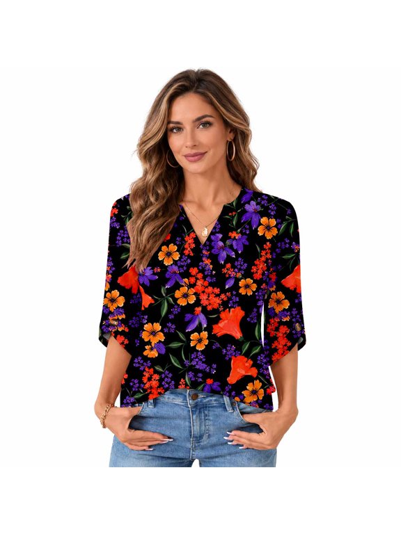 Women's Floral V-Neck 3/4 Sleeve Casual Blouse Top