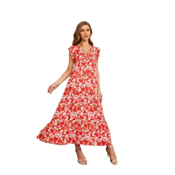 Women's Floral V Neck Cap Sleeve Summer Dress with Flowing Silhouette and Easy Care 100% Polyester for Warm Days