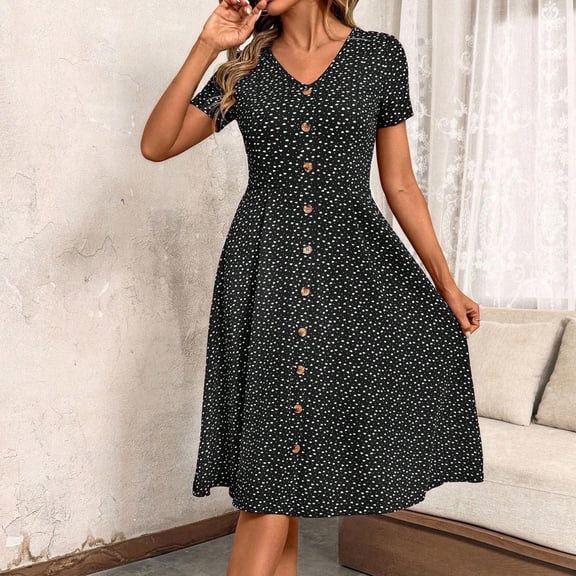 Women's Floral V Neck Dress Short Sleeve Button Down Fitted Knit Midi Dress Black M
