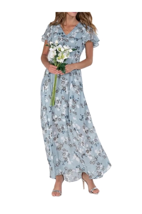 Women's Floral V Neck Flutter Sleeve Maxi Dress 100% Polyester Lightweight Flowing Silhouette for Everyday Wear