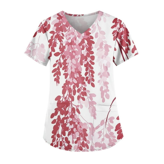 Women's Floral V-Neck Scrub Top Short Sleeve Uniform with Pockets for Nurses and Healthcare Professionals