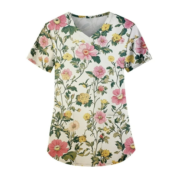 Women's Floral V-Neck Short Sleeve T-Shirt Casual Summer Blouse with Elegant Floral Print Design