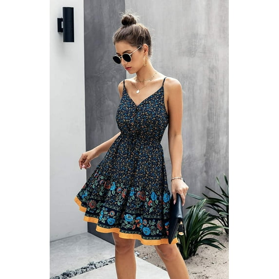 Women’s Floral V Neck Spaghetti Strap Button Down Sundress Swing Ruffle Summer Mini Short Dress