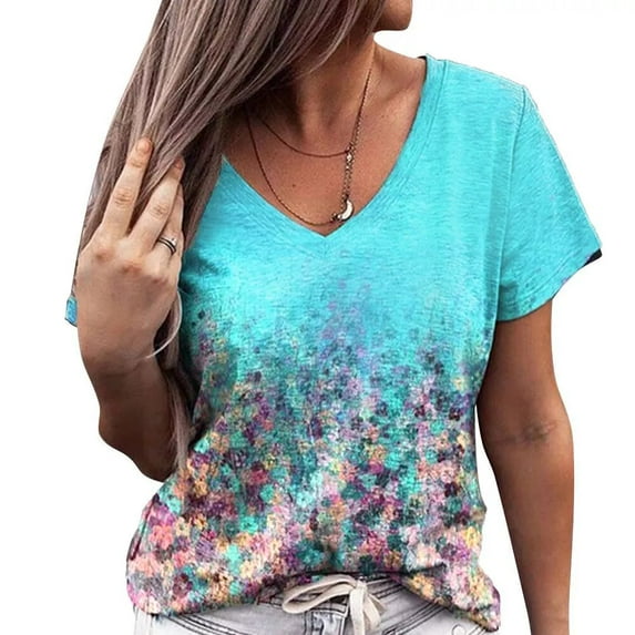 Women's Floral V Neck T-Shirt Tops Women's Summer Short Sleeve Shirts T-Shirts