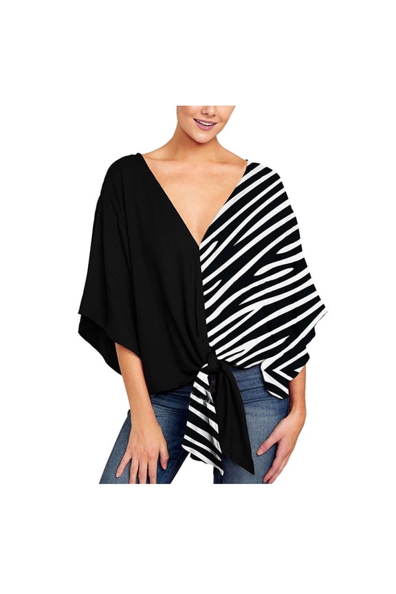 Women's Floral V Neck Tie Knot Front Blouses Bat Wing Half Sleeve Chiffon Tops Shirts