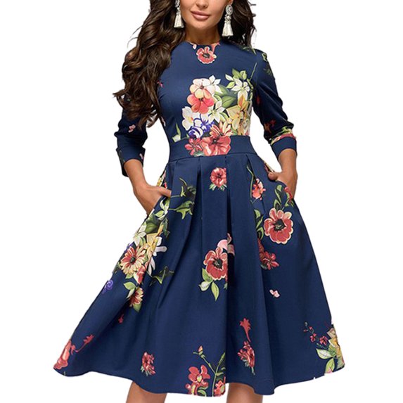 Women 's Floral Vintage Dress 3/4 Sleeves Elegant Midi Evening Dress