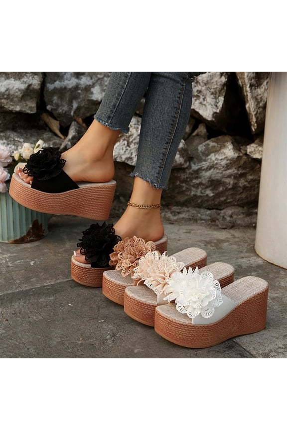 Women's Floral Wedge Slide Sandals Thick Platform Heel Casual Summer Beach Mules for Women Comfortable Slip On Shoes with 3D Flower Decor