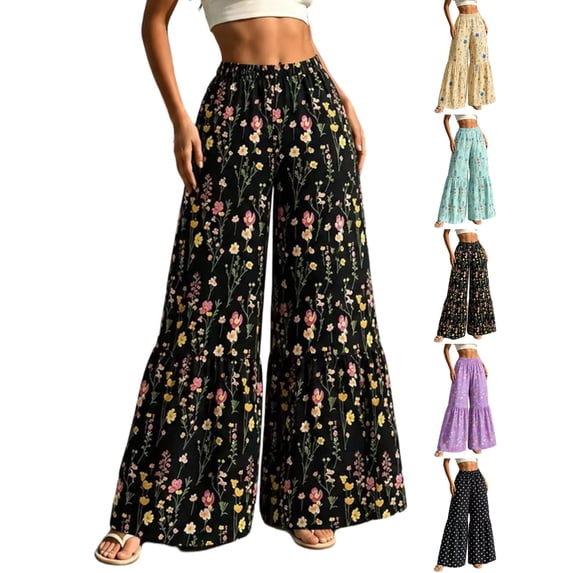Women's Floral Wide Leg Pants High Waisted Palazzo Trousers, Boho Flowy Tiered Bell Bottom Pants for Beach Vacation