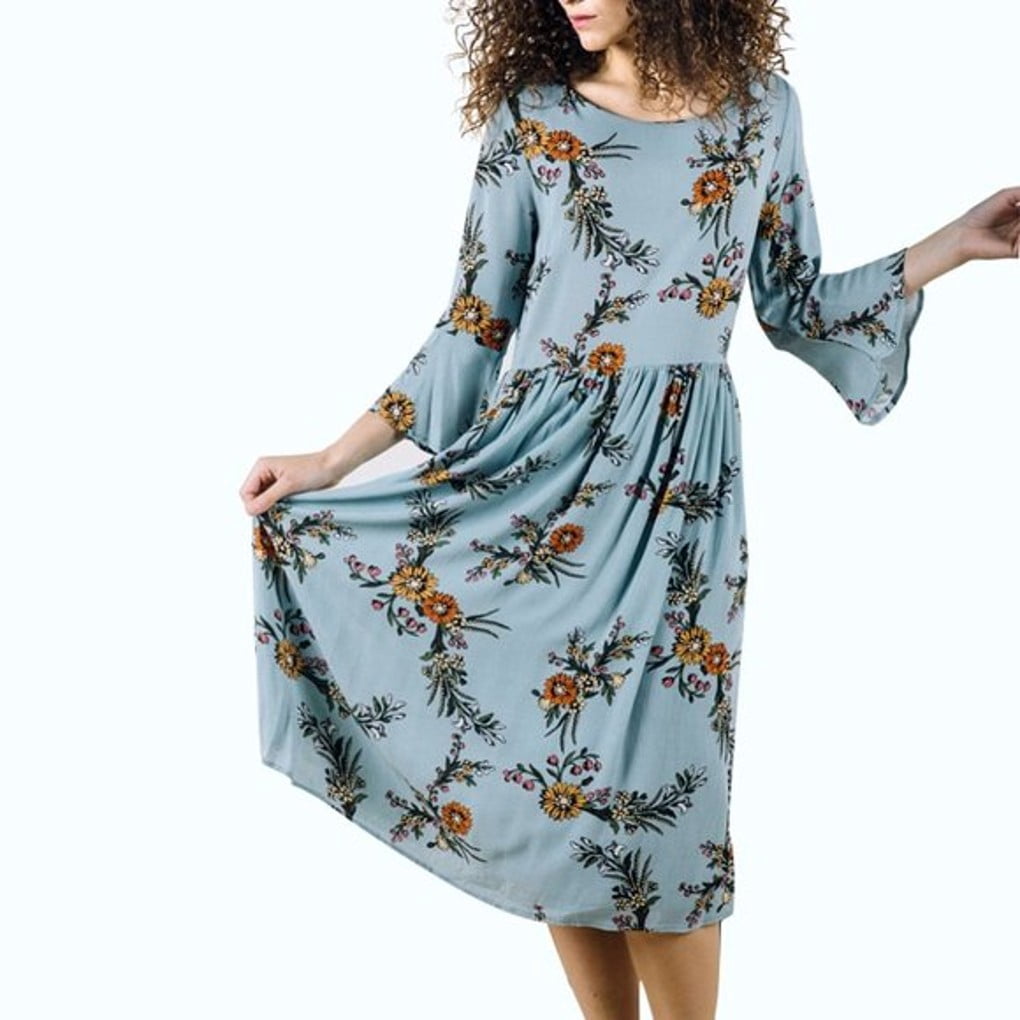 Women's Flounce 3/4 Sleeve Gathered Empire Waist Crew Neck Fit & Flare  Floral Dress L - Walmart.com