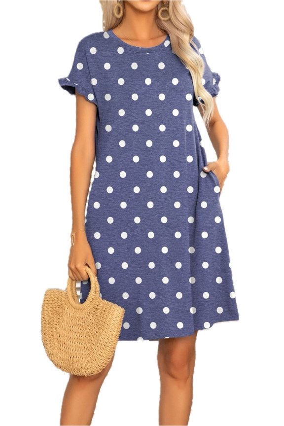 Women's Flounce Sleeve Round Neck Dress with Pockets Mini Length Short Sleeves 65% polyester 30% viscose 5% elastane