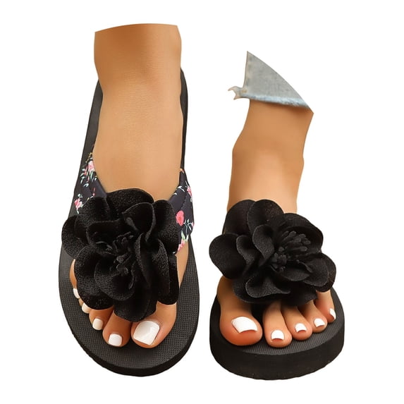Women's Flower Appliques Flip Flops Boho Open Toe On Flat Sandals Beach Vacation Slippers