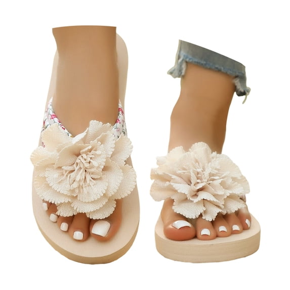 Women's Flower Appliques Flip Flops Boho Open Toe On Flat Sandals Beach Vacation Slippers