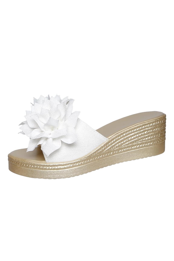Women's Flower Appliques Wedges Flip Flops Boho Open Toe Slip On Flat Sandals Beach Vacation Party Slippers