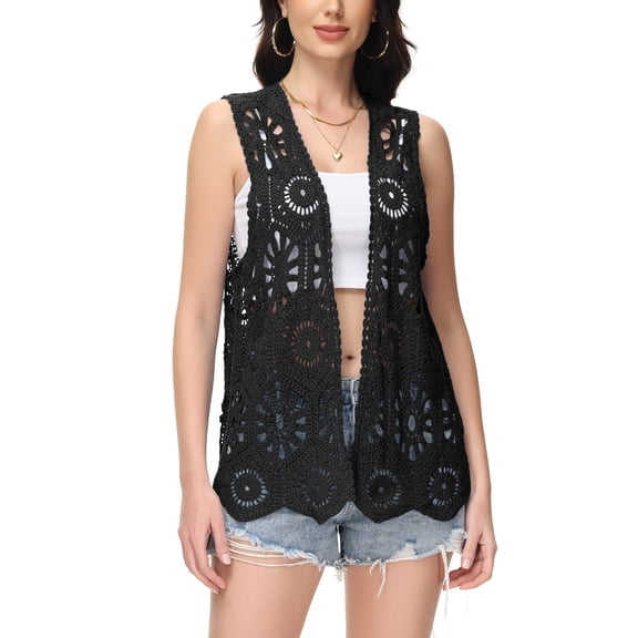 Women's Flower Crochet Vest Sleeveless Boho Lace Cardigan, Medium, Black