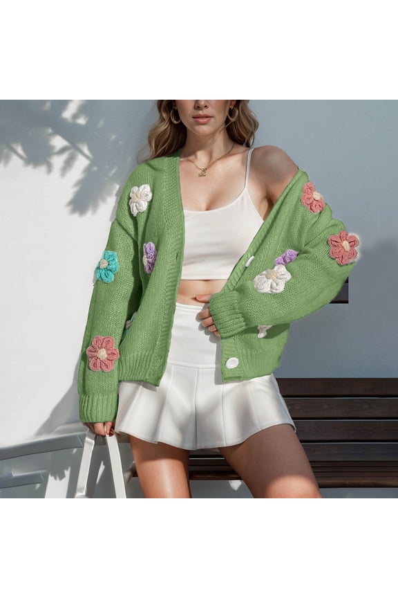 Women's Flower Decor Sweater Cardigan Loose Button Down V Neck Open Front Long Sleeve Lightweight Fall Clothes (L, Purple)
