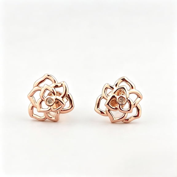 Women's Flower Design Stud Earring 3 Points Genuine Diamonds 925 Silver Rose Gold Plated