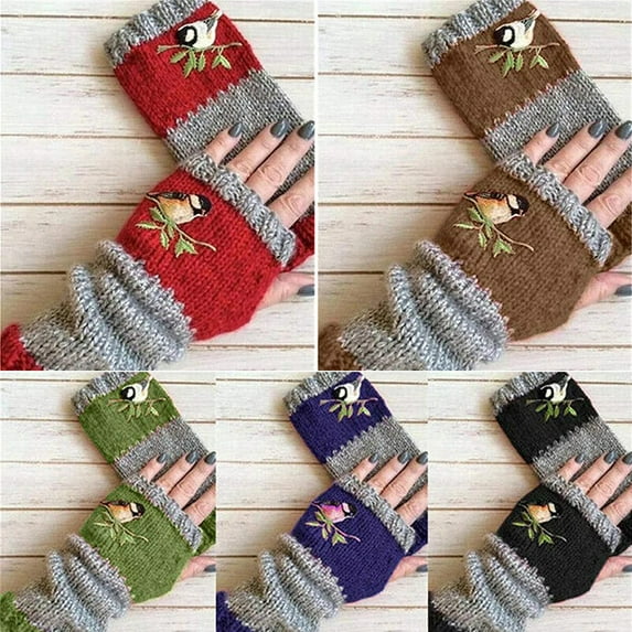 Women's Flower Design Winter Warm Knitted Long Arm Warmers Gloves Mittens