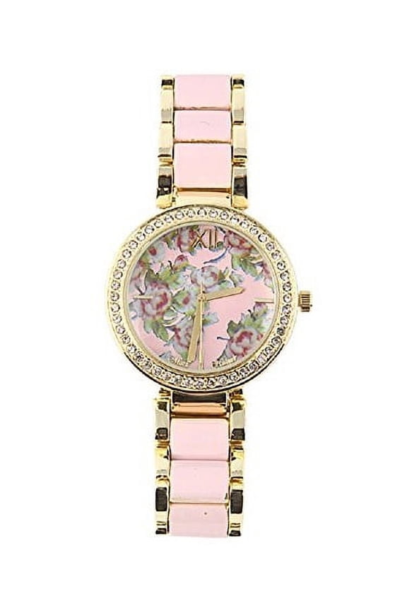 Women's Flower Dial Rhinestone Studded Watch, Pink
