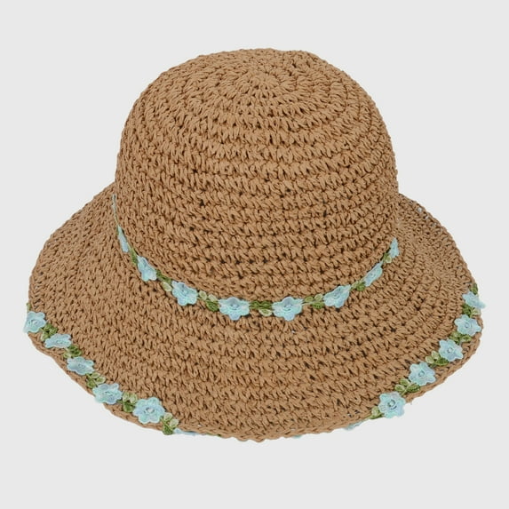 Women's Flower Embellishments Sun Hats Charming Crocheted Straw- Brown Blue