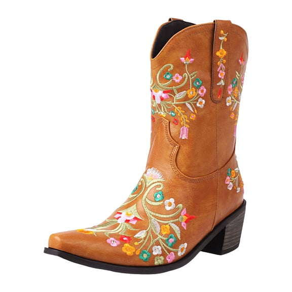 Women's Flower Embroidered Ankle Boots Floral Snip Square Toe Western Cowboy Boots Heel Pull On Short Boots