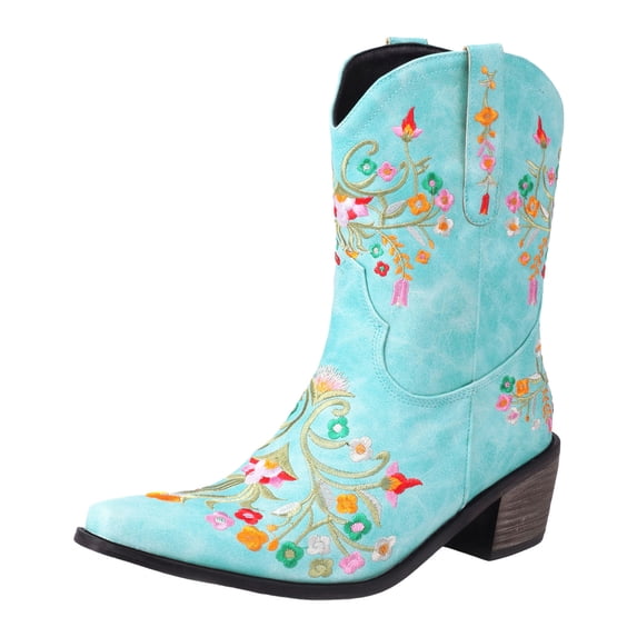 Women's Flower Embroidered Ankle Boots Floral Snip Square Toe Western Cowboy Boots Heel Pull On Short Boots