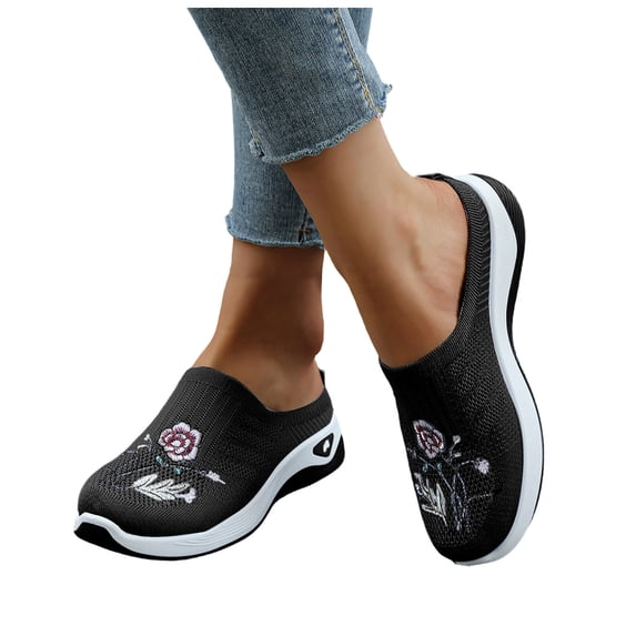 Women's Flower Embroidered Loafers Orthopedic Slip on Walking Shoes Breathable Mesh Casual Lightweight Slides Sneakers Black Size 7.5