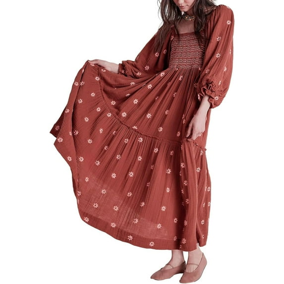 Women's Flower Embroidered Maxi Dress Lantern Sleeve Square Neck Tiered Flowy Spring Fall Dress