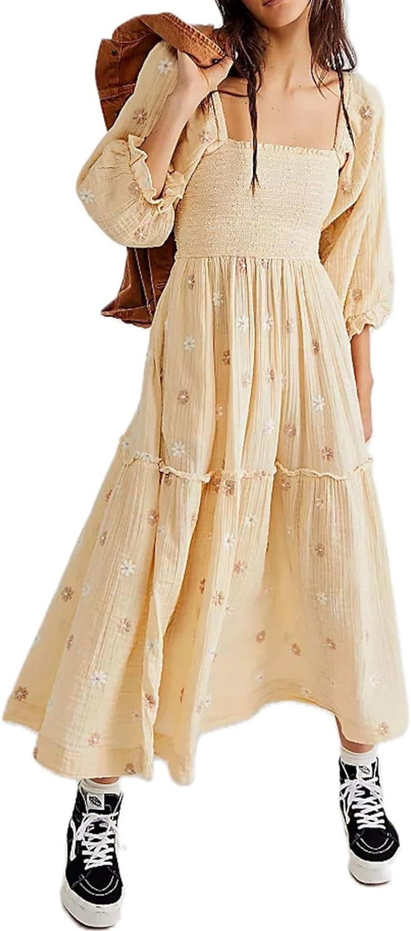 Women's Flower Embroidered Maxi Dress Lantern Sleeve Square Neck Tiered  Flowy Spring Fall Dress - Walmart.com