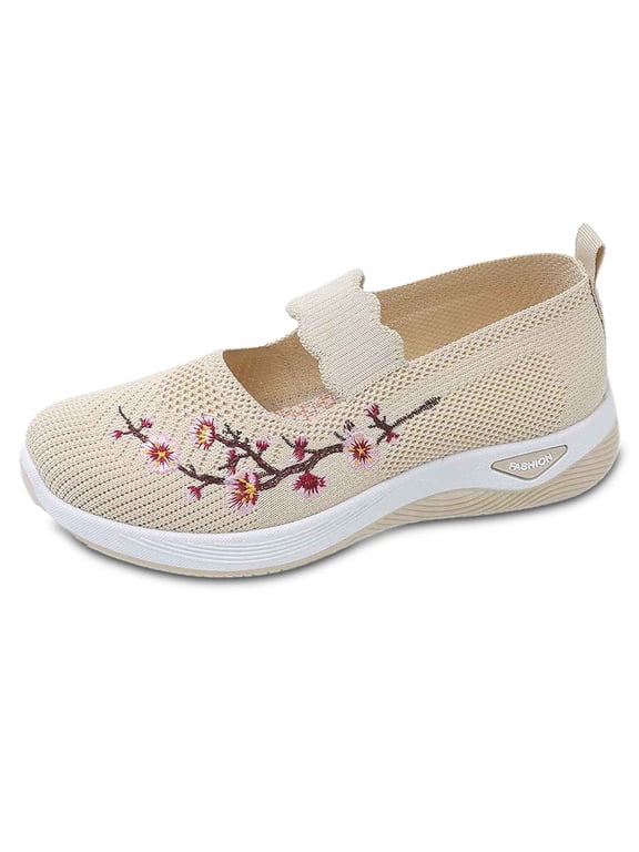 Women's Flower Embroidered On Knitting Flat Loafers,Mary Jane Breathable Elastic Mesh Comfy Platform Non Memory Foam Mom Walking Nurse Shoes Casual Walking