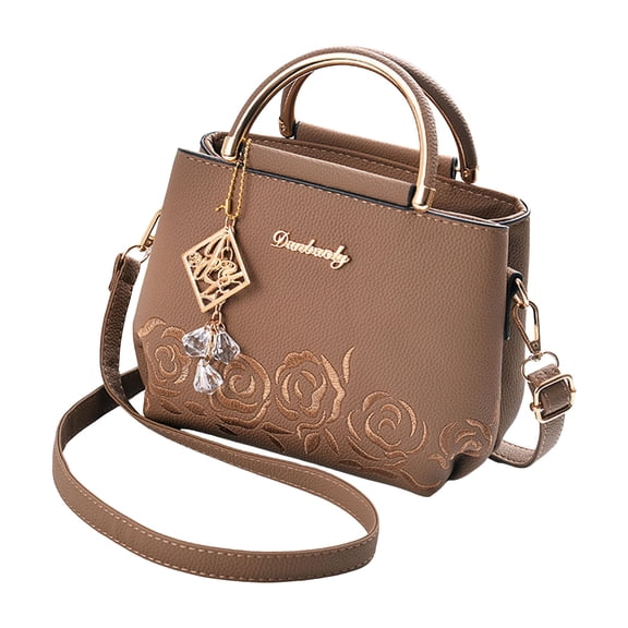 Women's Flower Embroidery Handbags Top Handle Faux Leather Satchel Purse Lightweight Crossbody Shoulder Bags Khaki
