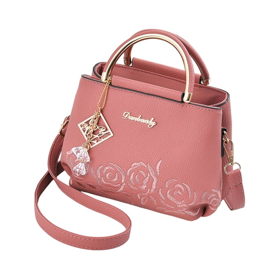 Women's Flower Embroidery Handbags Top Handle Faux Leather Satchel Purse Lightweight Crossbody Shoulder Bags Watermelon Red