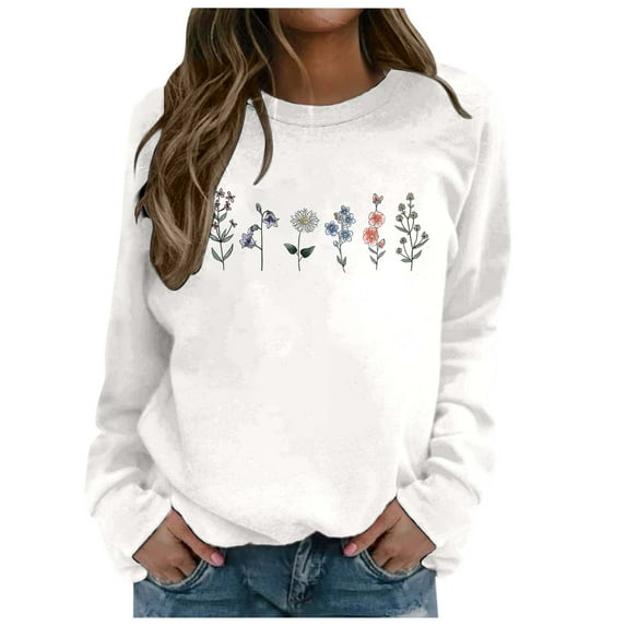 Women's Flower Graphic Sweatshirts Fall Winter Casual Long Sleeve Round Neck Tops Trendy Comfy Floral Classic Fit Blouses White S