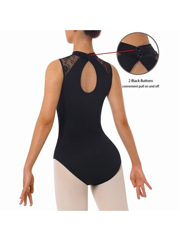 Women's Flower Lace Sleeveless Turtleneck Ballet Dance Leotard for Adult Dance with Water-Drop Hollow Back and Soft Front Lining
