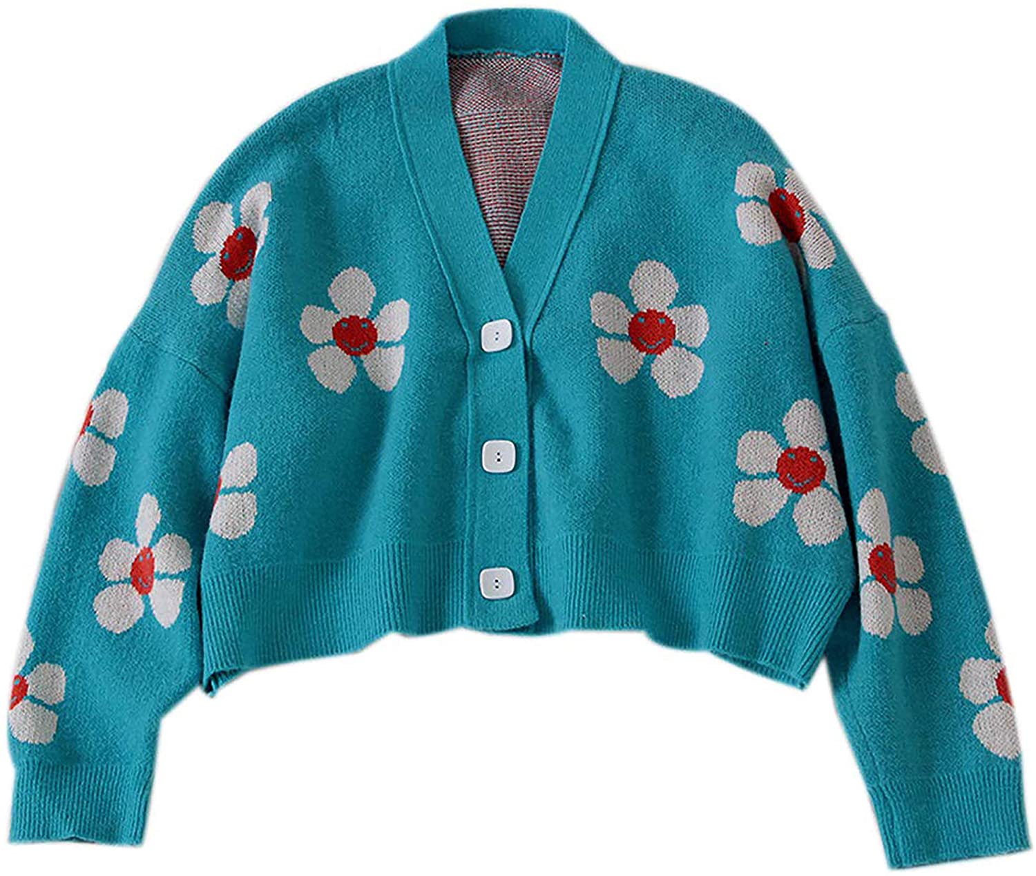 Women's Flower Long Sleeve Short Cardigan Casual Loose V Neck Button Knit Sweaters