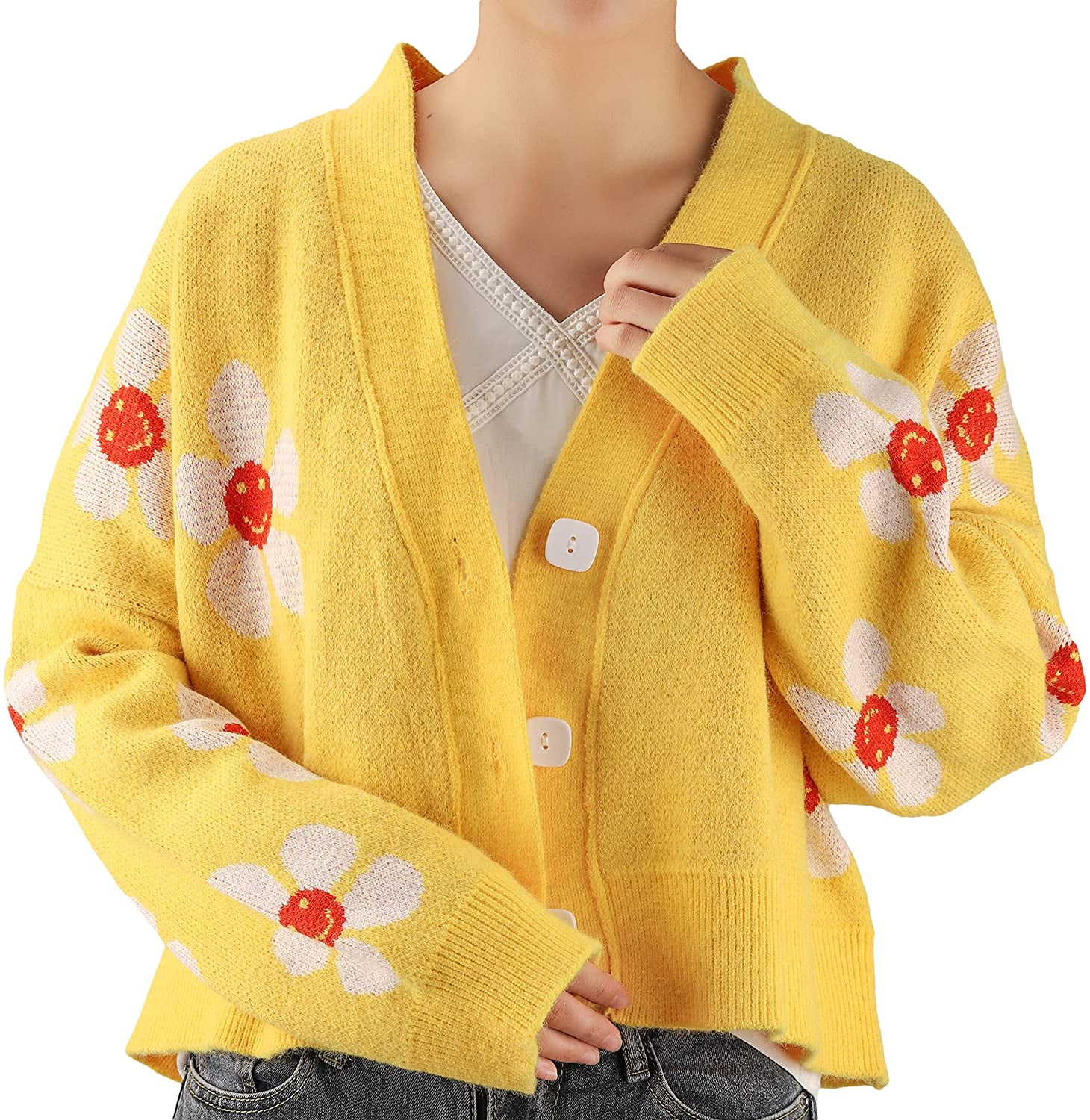 Women's Flower Long Sleeve Short Cardigan Casual Loose V Neck Button Knit Sweaters