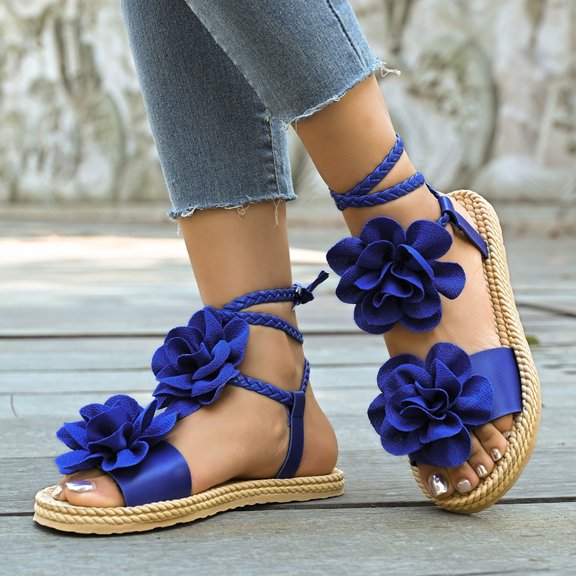 Women's Flower Open Toe Flat Sandals Comfortable Lightweight Summer Beach Shoes for Casual Walking and Vacation Outfits Blue Women Sandal