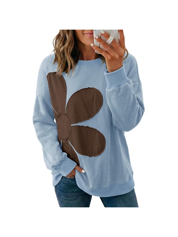 Women's Flower Patch Sweatshirt, Long Sleeve Crew Neck Pullover Top with Applique Detail for Casual Everyday Wear