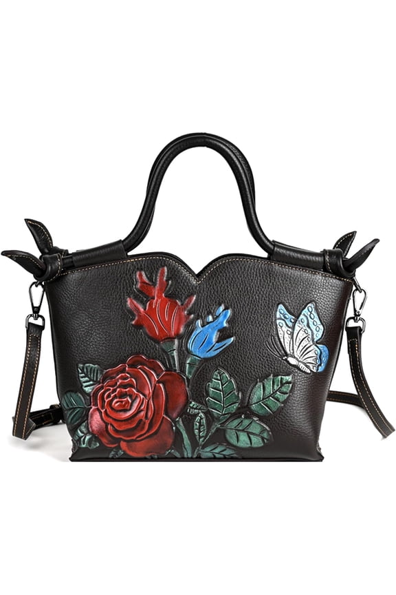 Women's Flower Pattern Tote Bags Genuine Leather Embossing Design Hobo Shoulder Bag Ladies Zipper Handbags Purses