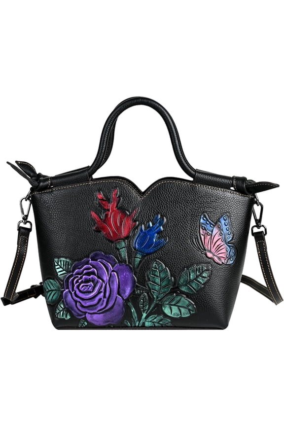 Women's Flower Pattern Tote Bags Genuine Leather Embossing Design Hobo Shoulder Bag Ladies Zipper Handbags Purses