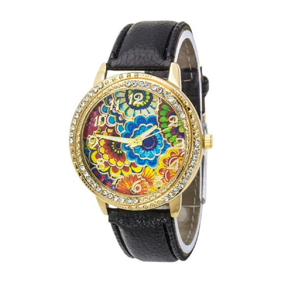 Women's Flower Print Crystal Bezel Watch