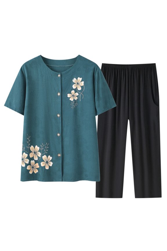 Women's Flower Print Short Sleeve Crew Neck Jacquard Offset Printed Shirt and Cropped Pants Set Summer Round Neck XXXXL
