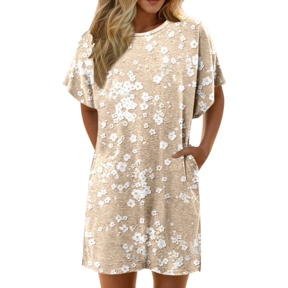Women's Flower Printed Casual Summer Dress Loose Fit Short Sleeve Round Neck Beach With Pockets Breathable Blend Knee Length Dress For Vacation & Daily Wear Woman Maxi Dress Casual Prelude Dress