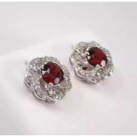 Women's Flower Shape Stud Earrings 14K White Gold Plated Silver 2Ct Round Brilliant Cut Lab Created Red Ruby & Diamond