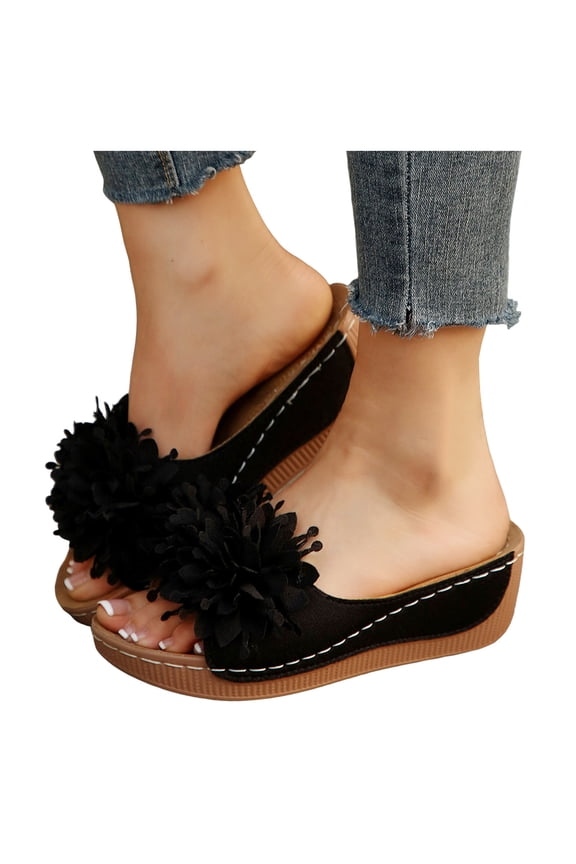 Women's Flower Summer Platform Beach Sandals Wedge Open Toe Slides Open Toe Wide Width Non Slip Dressy Slippers Black Size 9