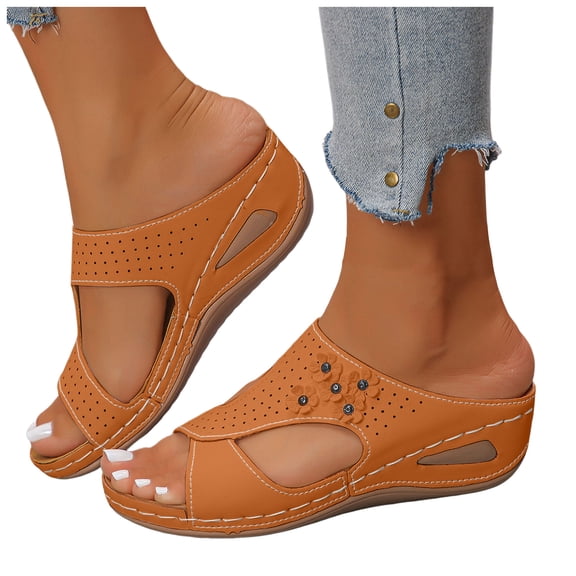 Women's Flower Wedge Slides Sandals Comfortable Leather Peep Toe Beach Casual Summer Slip on Walking Slippers