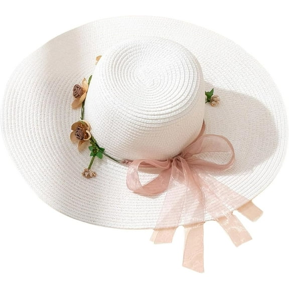 Women's Flower Wreath Wide Brim Straw Sun Hats Boho Garland Beach Hat