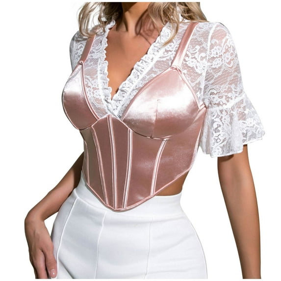 Women's Flowers Bustier Open Back Spaghetti Strap Boned Corset Crop Tops Going Out Party Vintage Shapewear Pink S