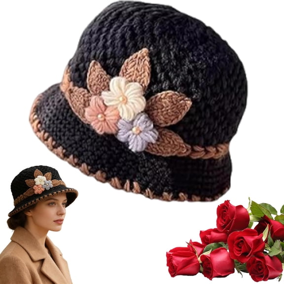 Women's Flowers Knitted Woolen Hat, 2026 New French Thicken Vintage Floral Patterns Hat for Women